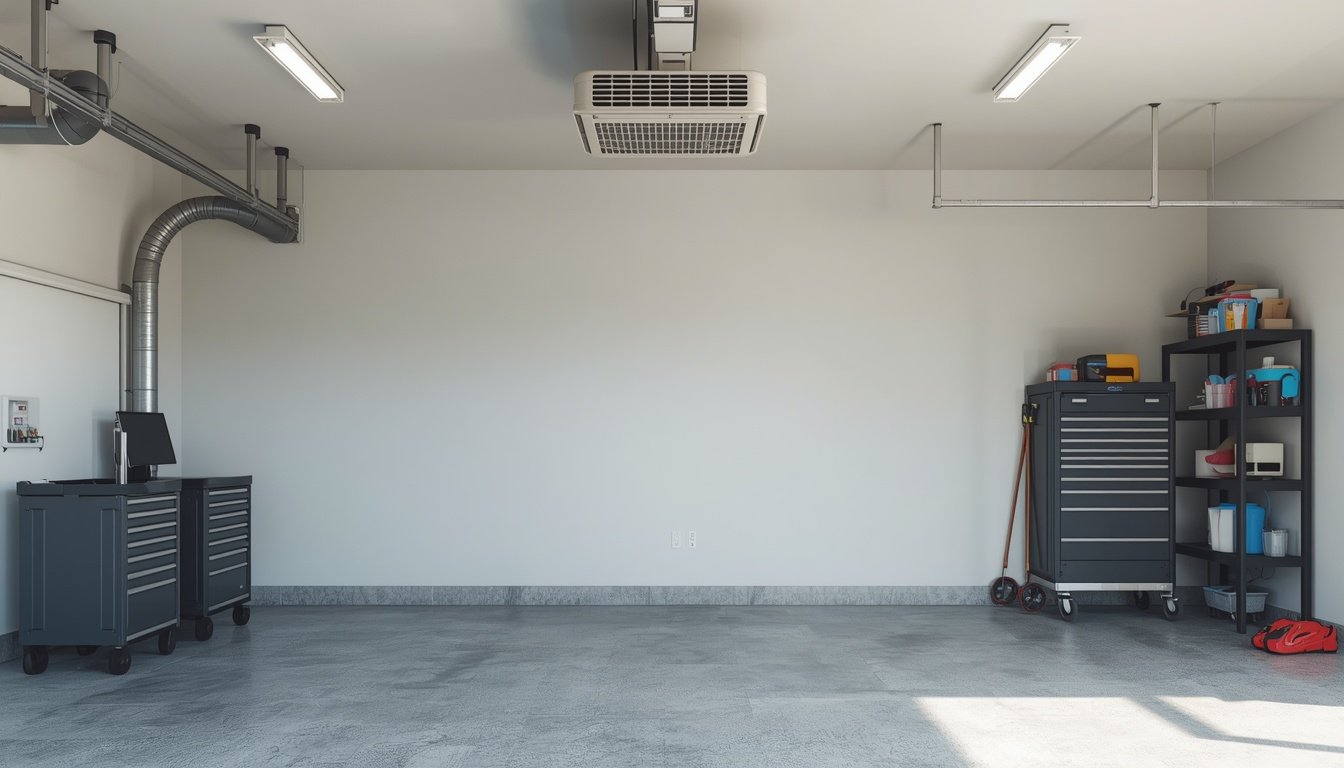 Garage unit heater installed near the ceiling