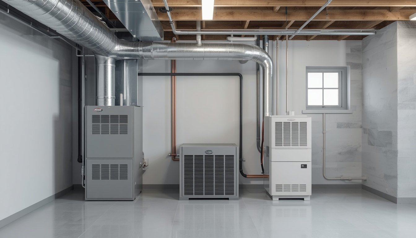 Whole-house dehumidifier installed in a basement