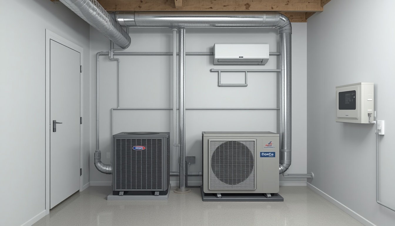 Old and new HVAC systems in a mechanical room