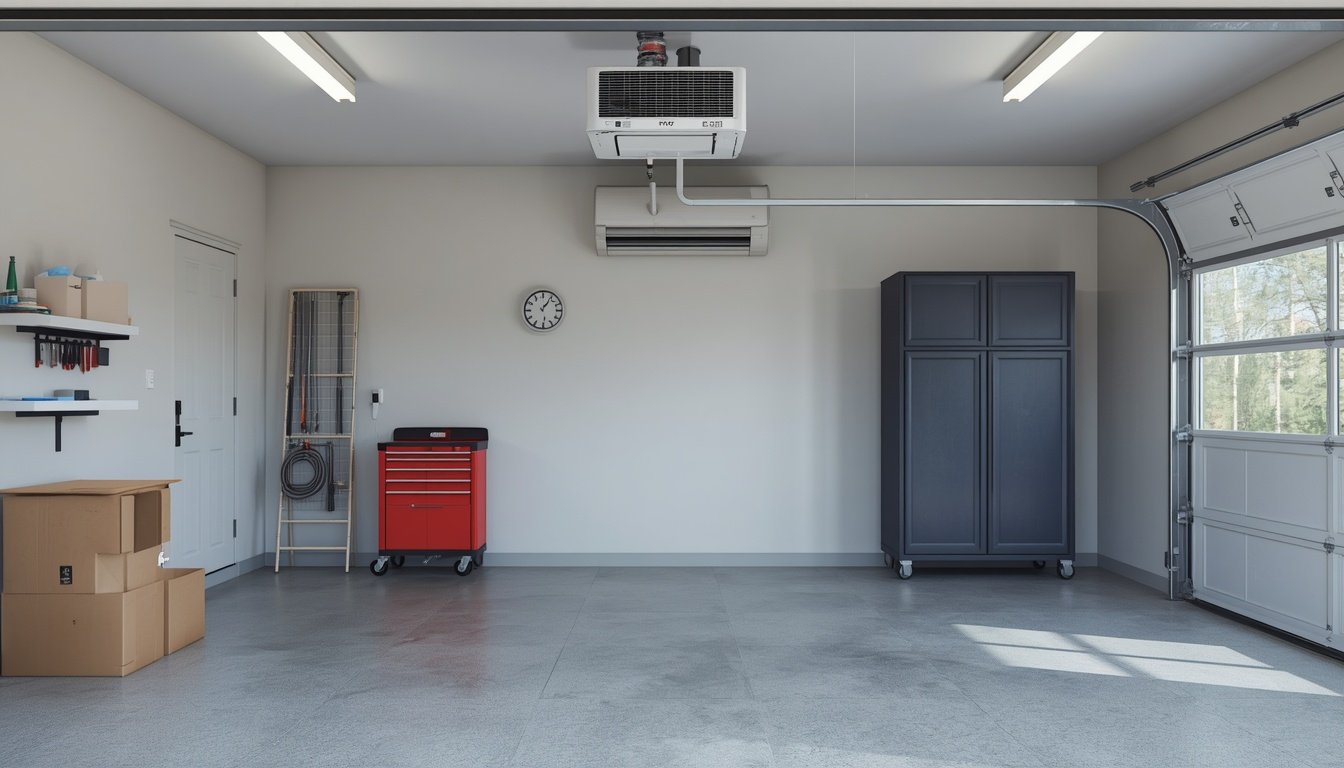 Ceiling-mounted gas heater in a large garage