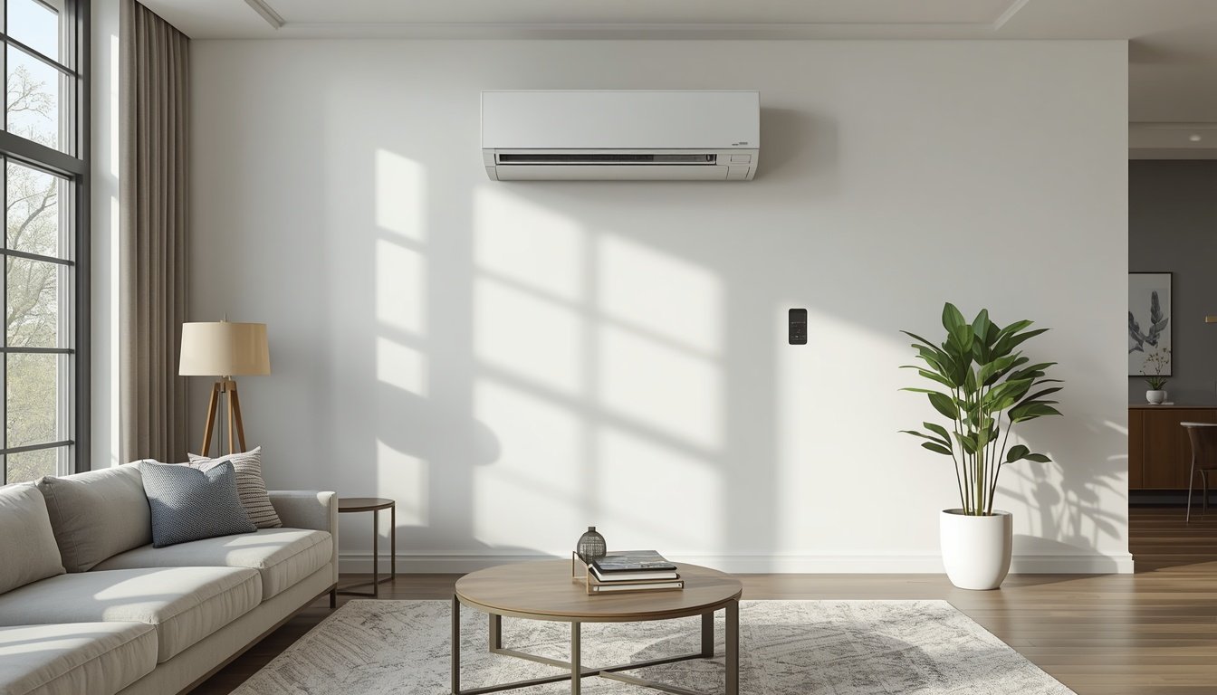 Ductless mini split heat pump installed in a large modern room