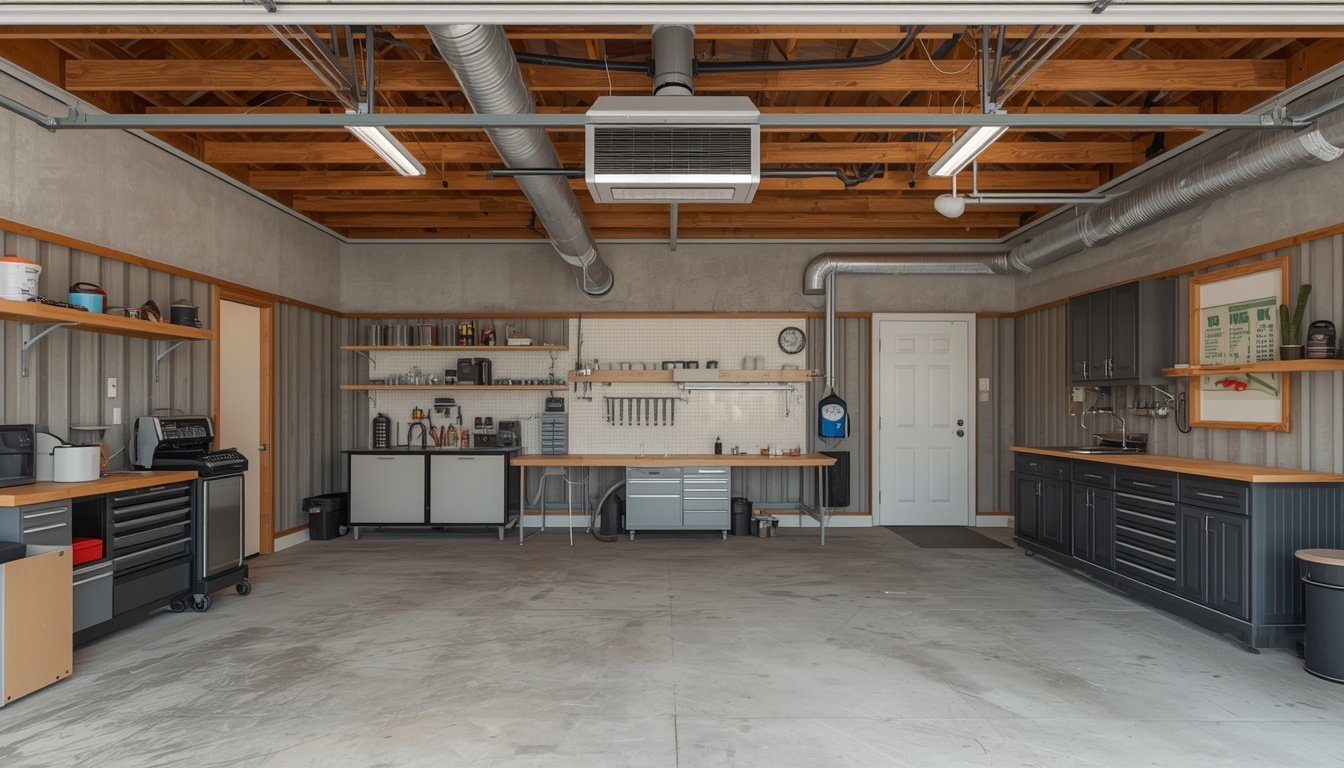 High-output gas unit heater installed in a large garage workshop