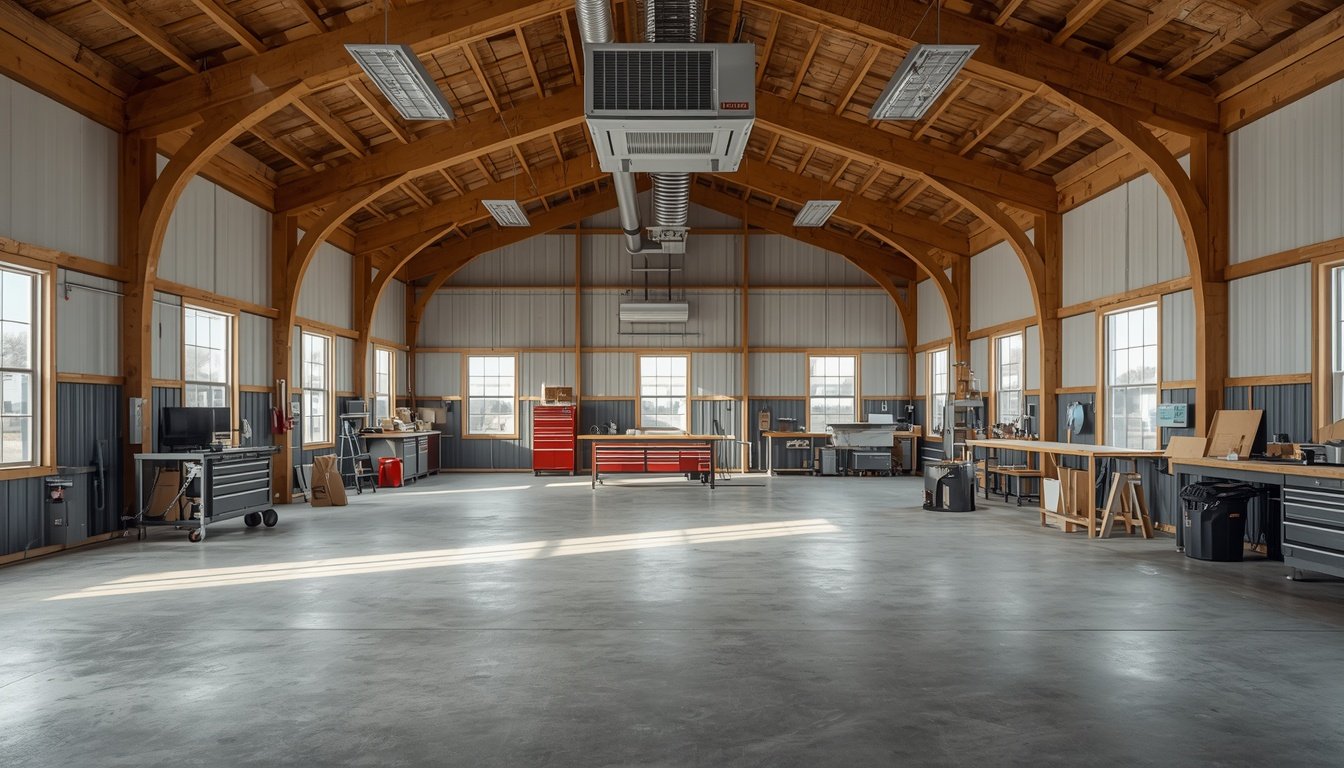 Natural gas unit heater installed in a large workshop or pole barn