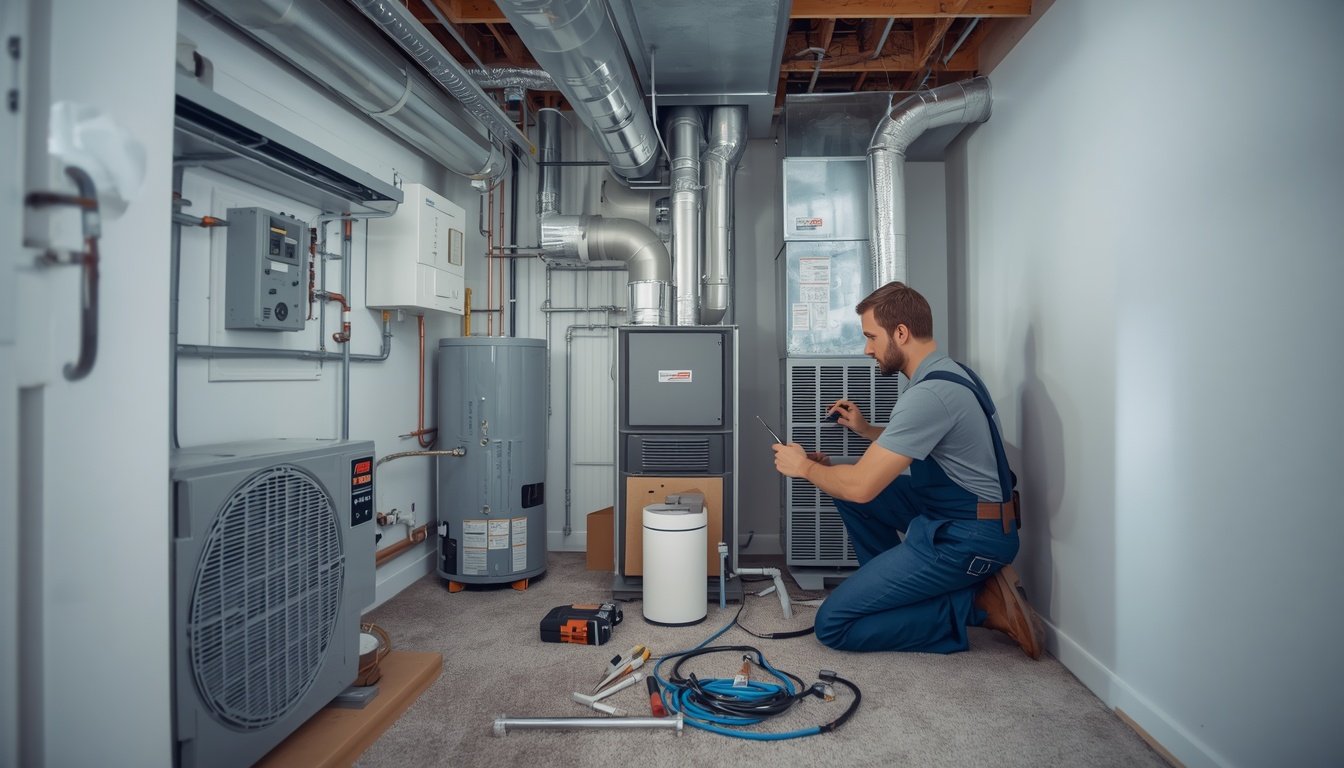 Professional HVAC installer working on a whole-home climate system